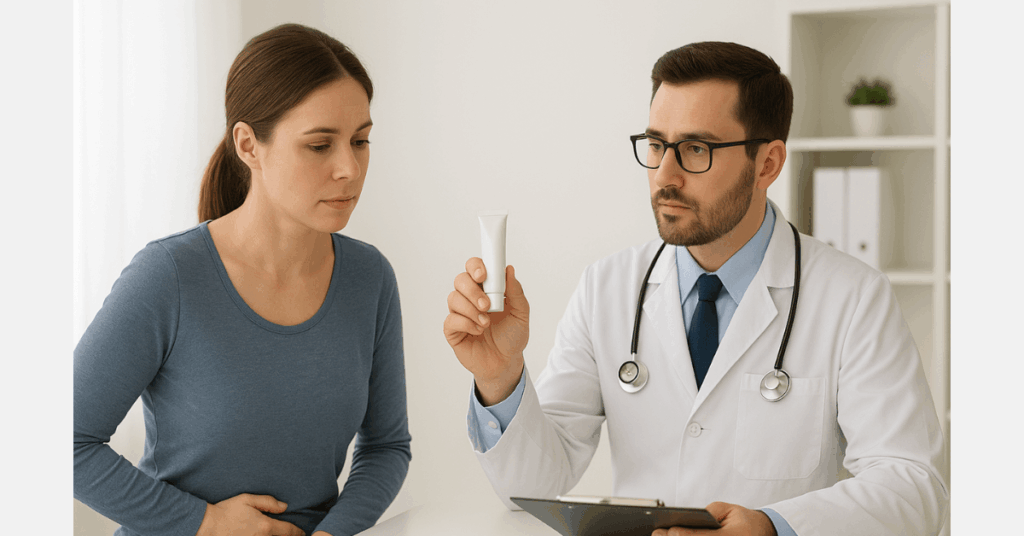 Doctor shows hemorrhoids cream to patient during a calm medical consultation.
