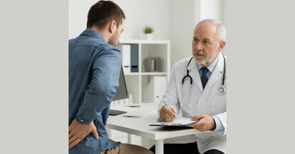 Older male doctor consults younger male patient in medical office as patient discusses treatment options for anal fistula.